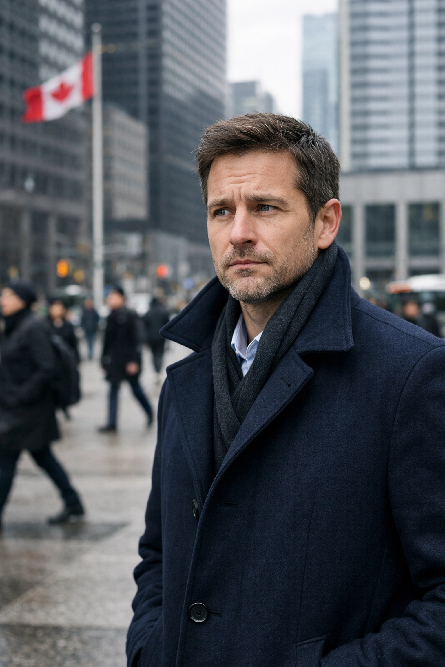 Concerned resident in a busy urban plaza during Montreal's February job market decline.