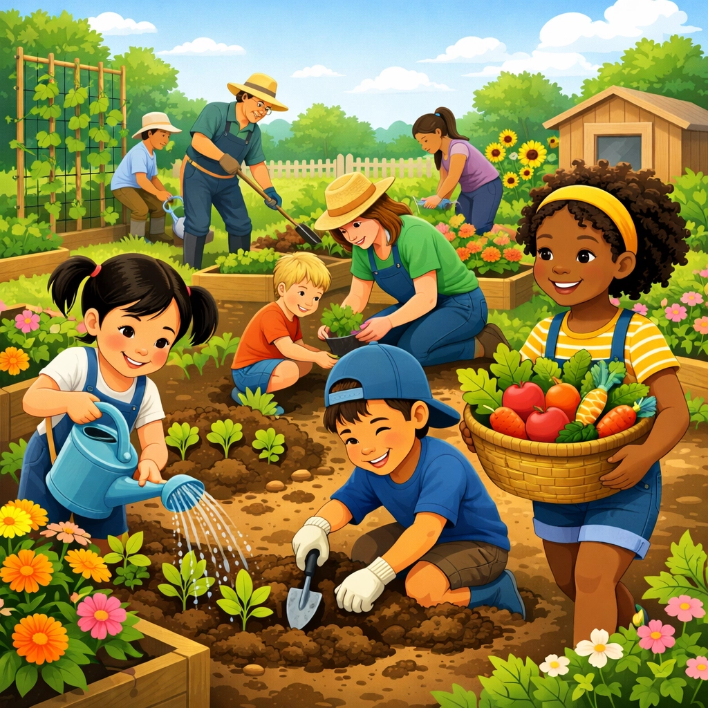 Children serving in community garden learning faith through action and service