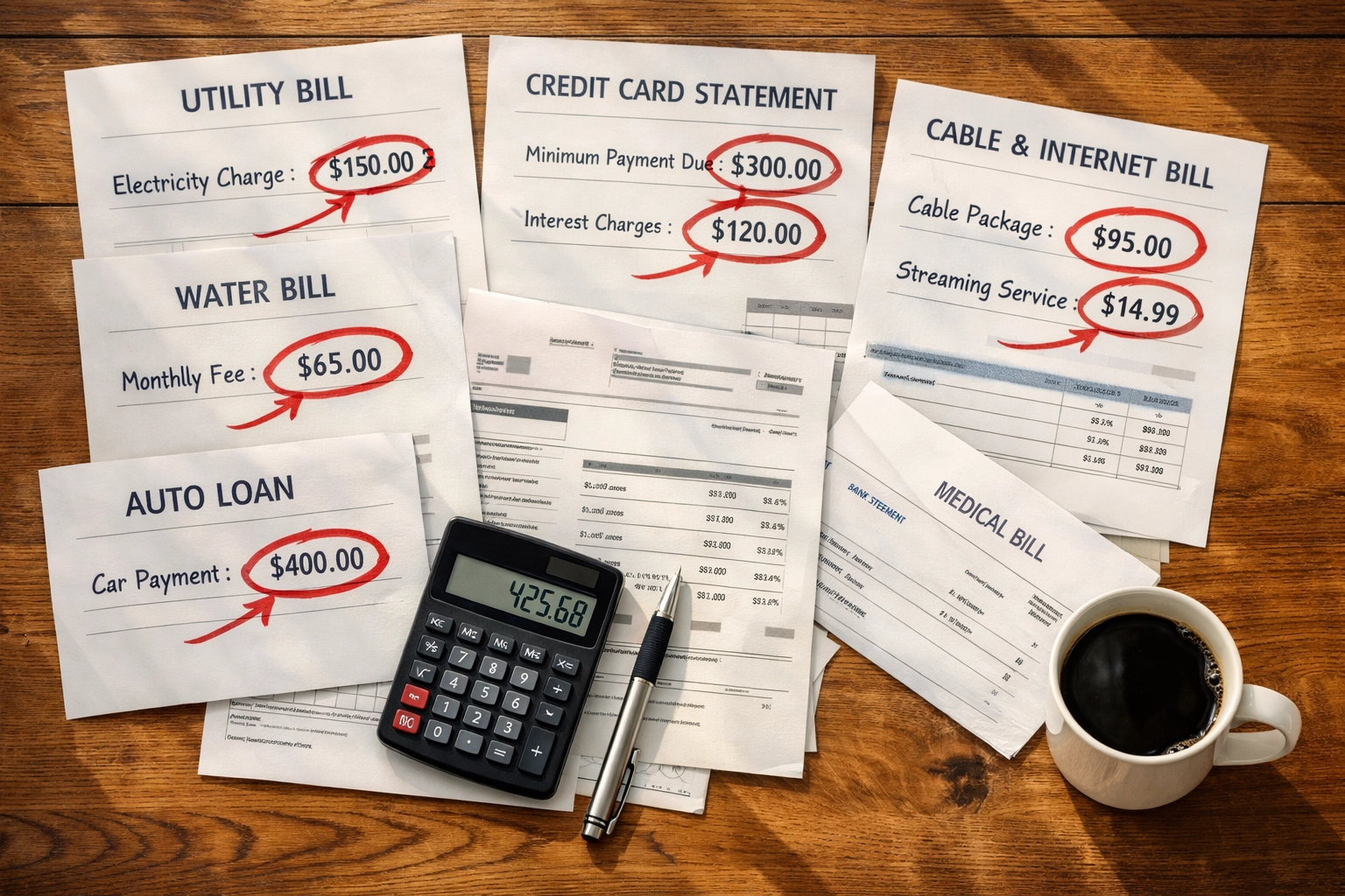 Family financial documents and bills on table with calculator showing budget audit and debt analysis