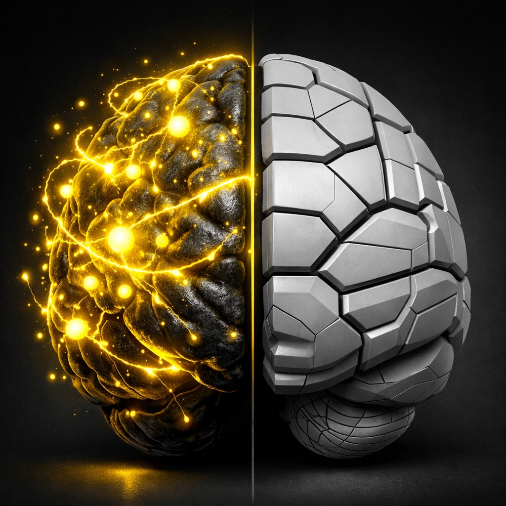 Split brain showing dopamine overstimulation vs rational thinking illustrating social media's effect