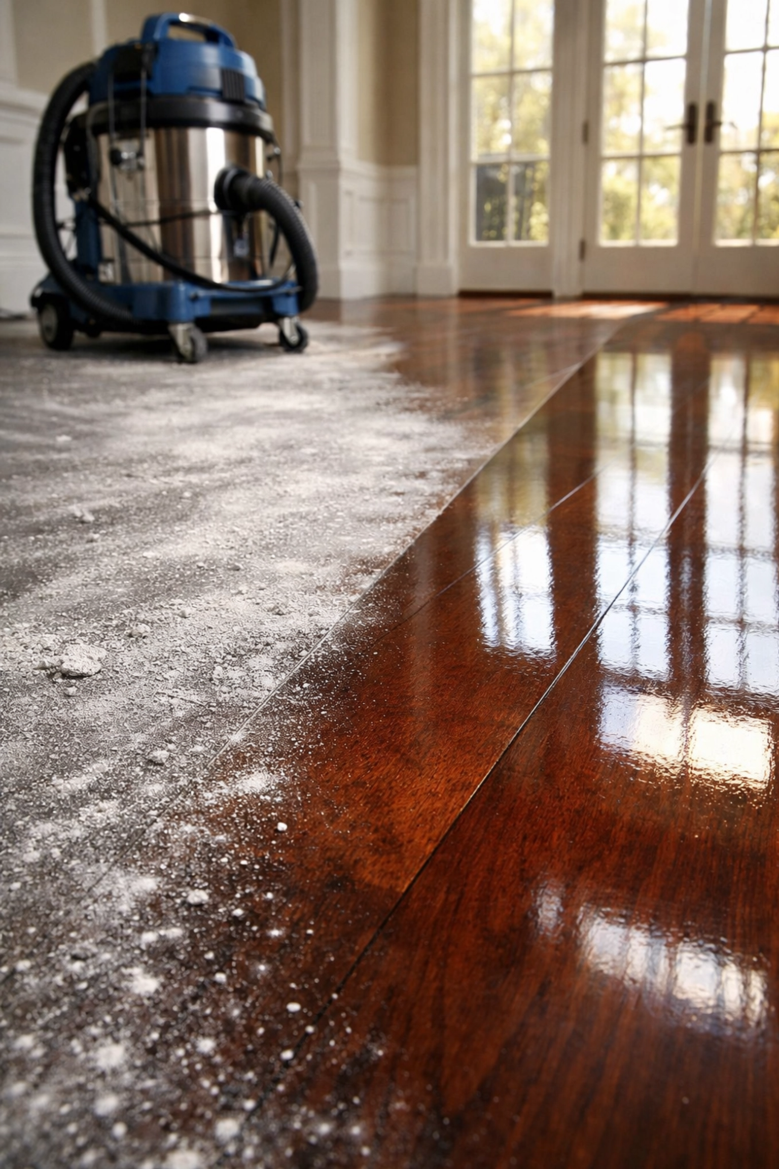 Before and after post-construction cleaning in Massachusetts on luxury hardwood flooring.