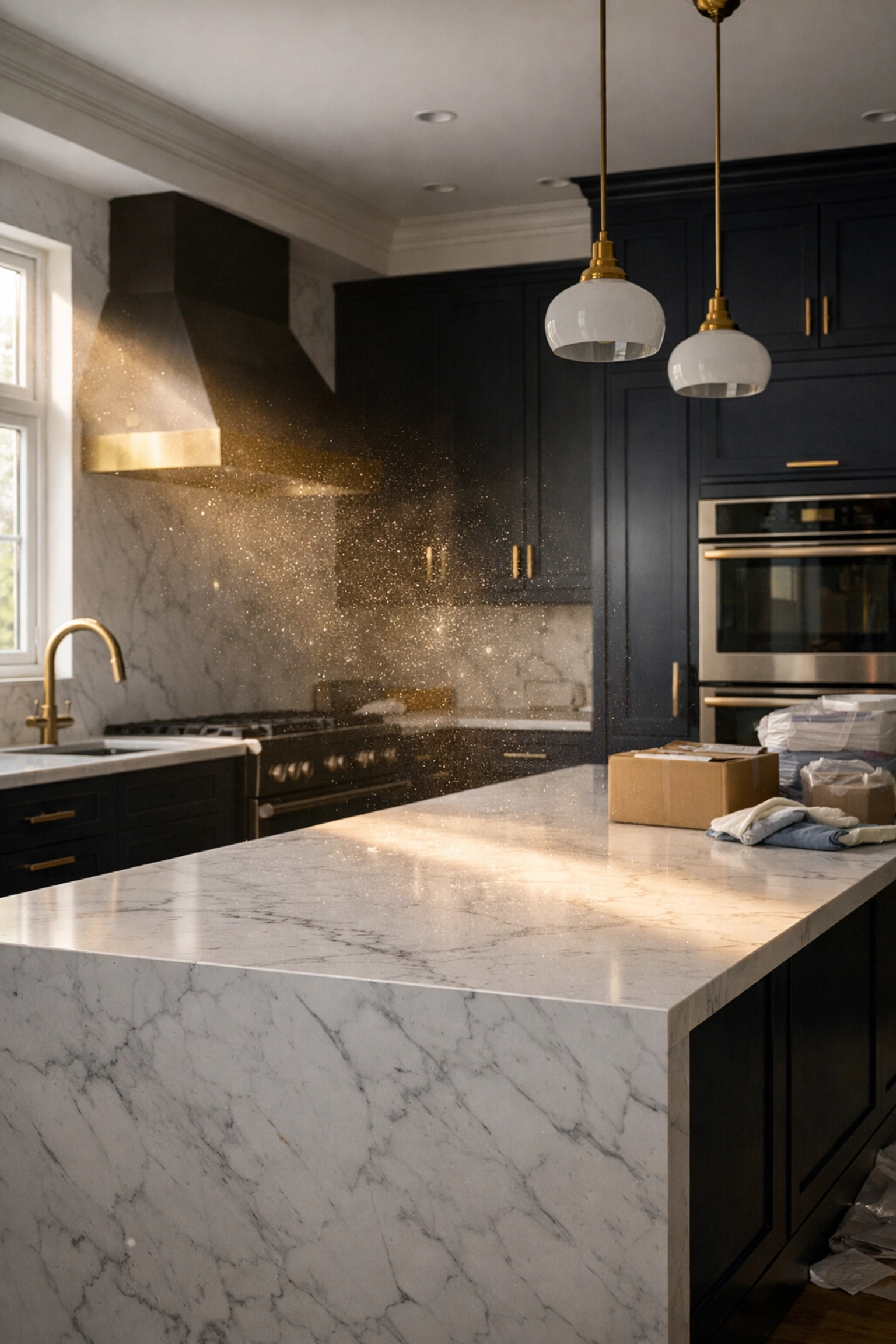 Modern kitchen renovation in Bedford awaiting professional post construction cleaning to remove settling dust.