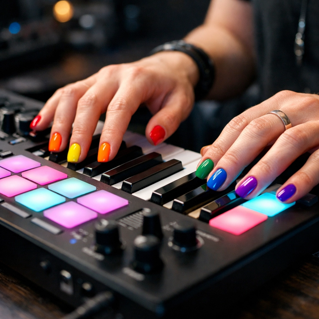 Close-up of a non-binary musician with rainbow nails playing a glowing MIDI controller in a studio.