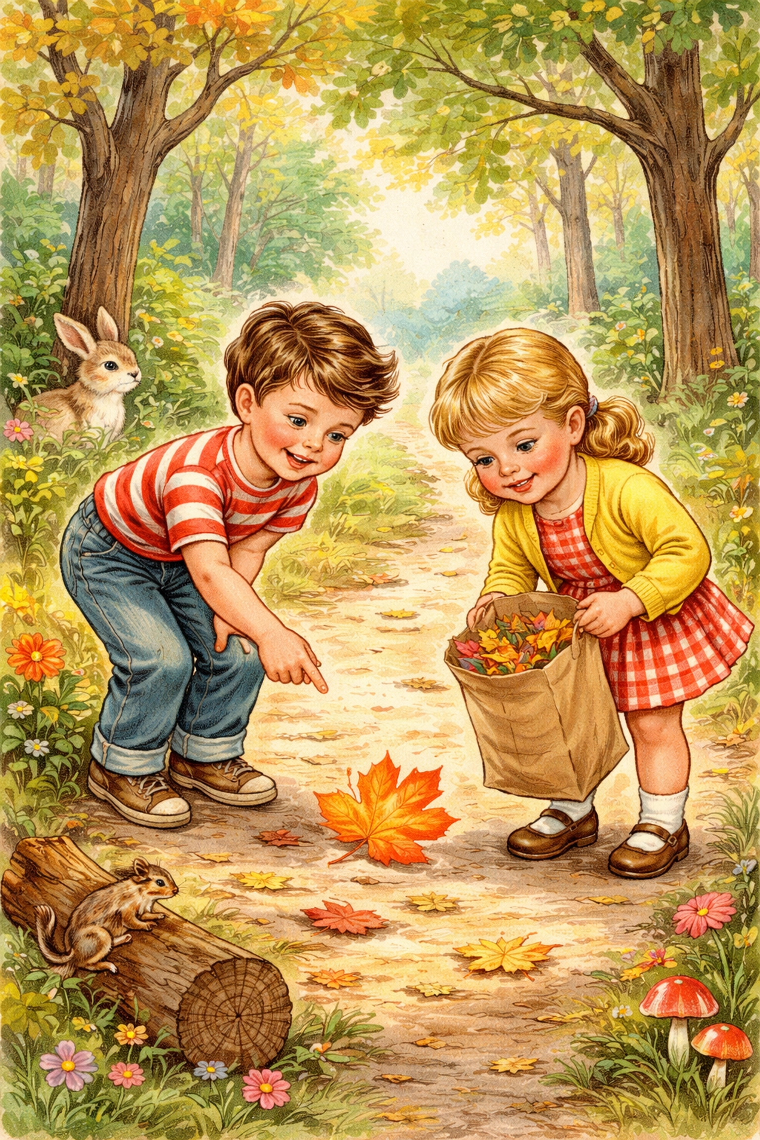 Two children collecting leaves on a nature walk, gathering different shapes for a leaf sorting project