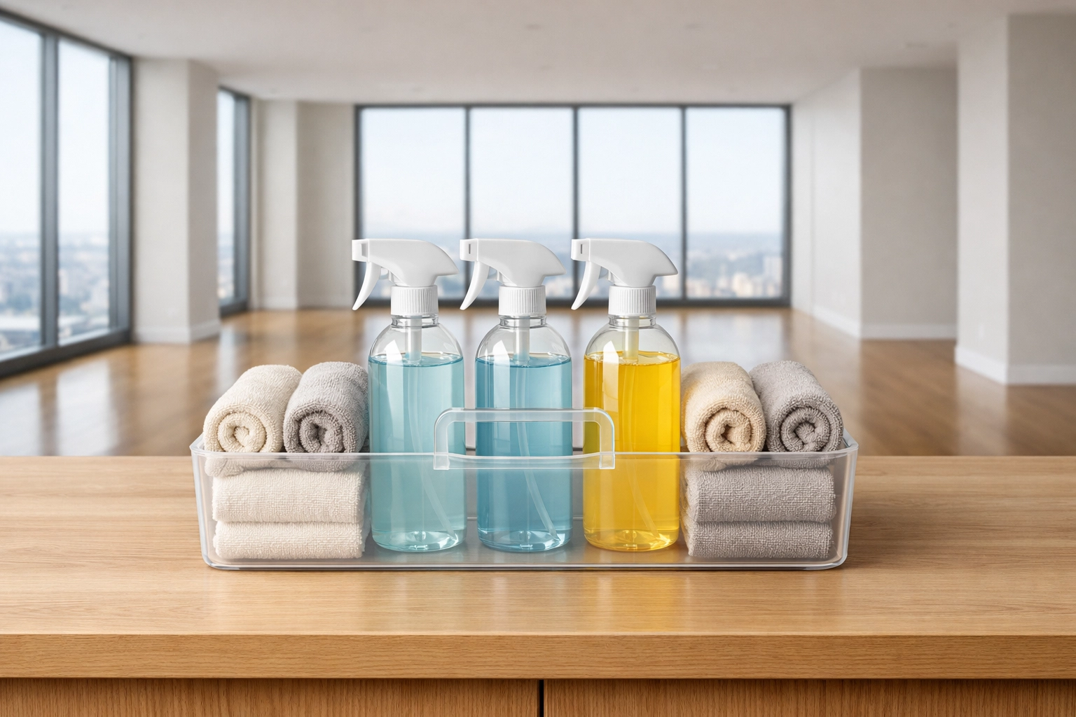 Organized professional cleaning kit with supplies for a commercial-grade make-ready turnover.