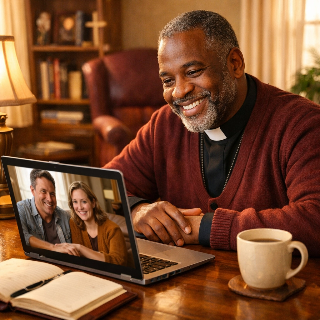Church leader on video call during GSC onboarding setup in church office