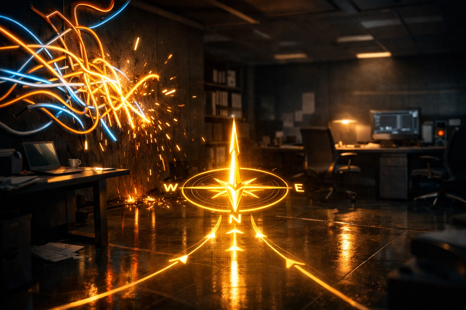 A holographic compass pointing the way through a messy office, illustrating a clear content marketing strategy.