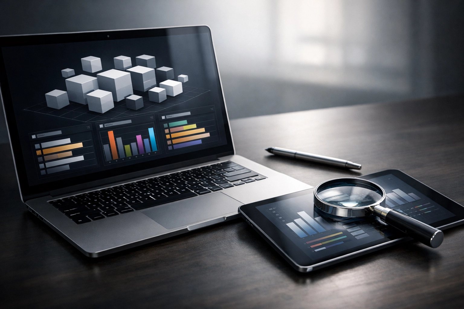 Laptop displaying data charts and SEO analytics for technical website optimization and content strategy.