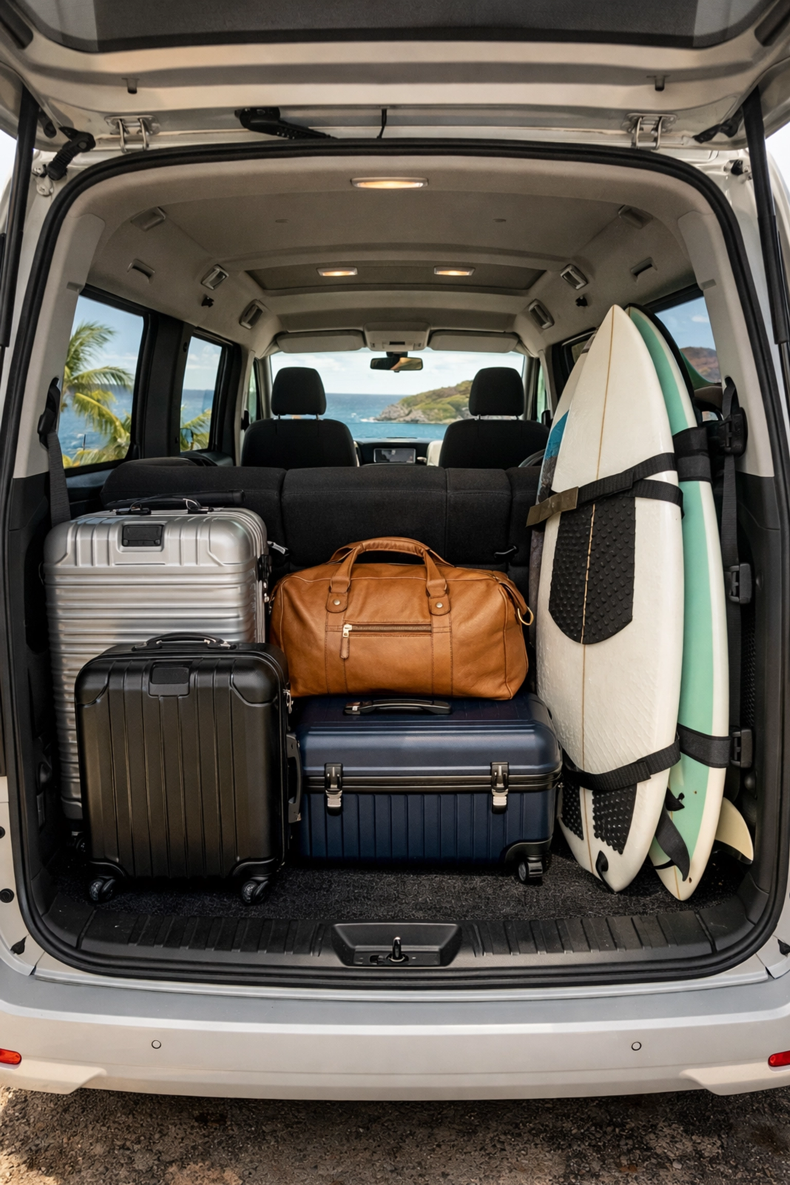 Open shuttle van loaded with luggage and surfboards for a private transfer from Liberia airport to the beach.