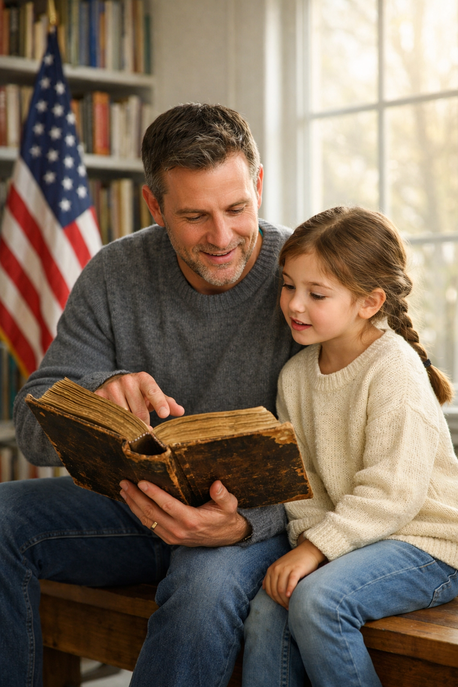 Father and daughter studying American history, illustrating the importance of civic education and heritage.