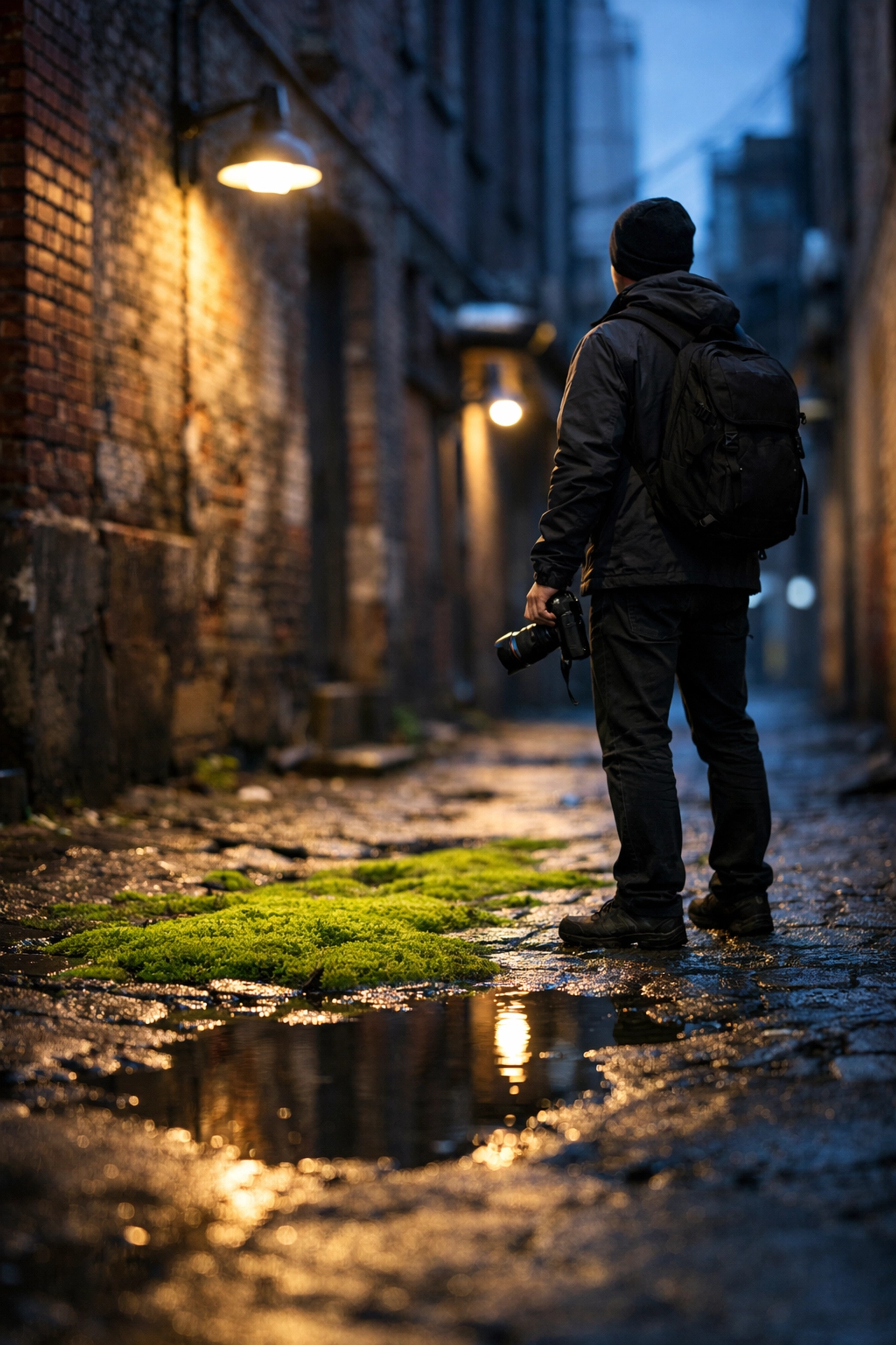 Photographer exploring hidden photography locations in a quiet industrial urban alley during blue hour.