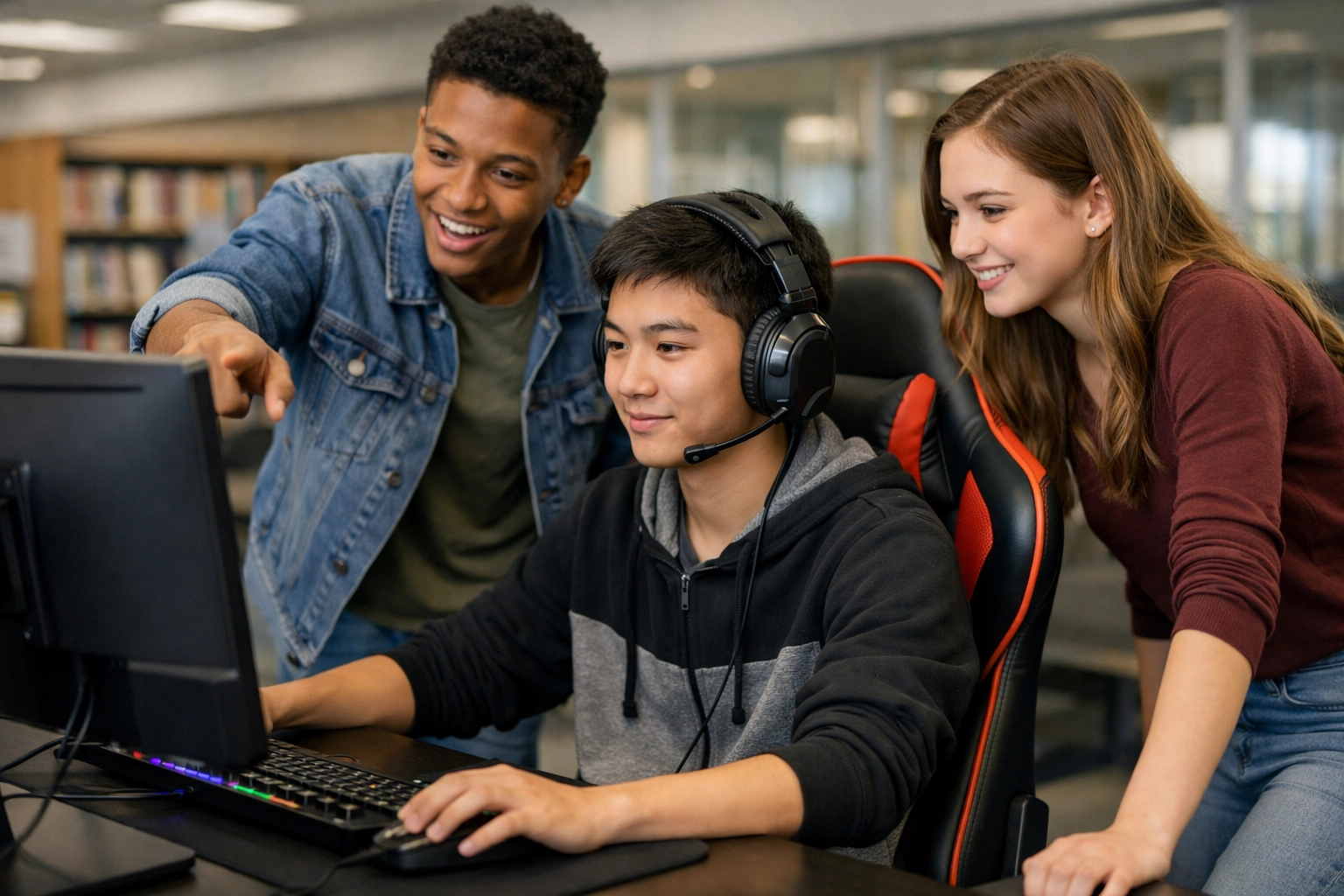 High school students collaborating at a modern gaming station to develop digital literacy and strategic skills.