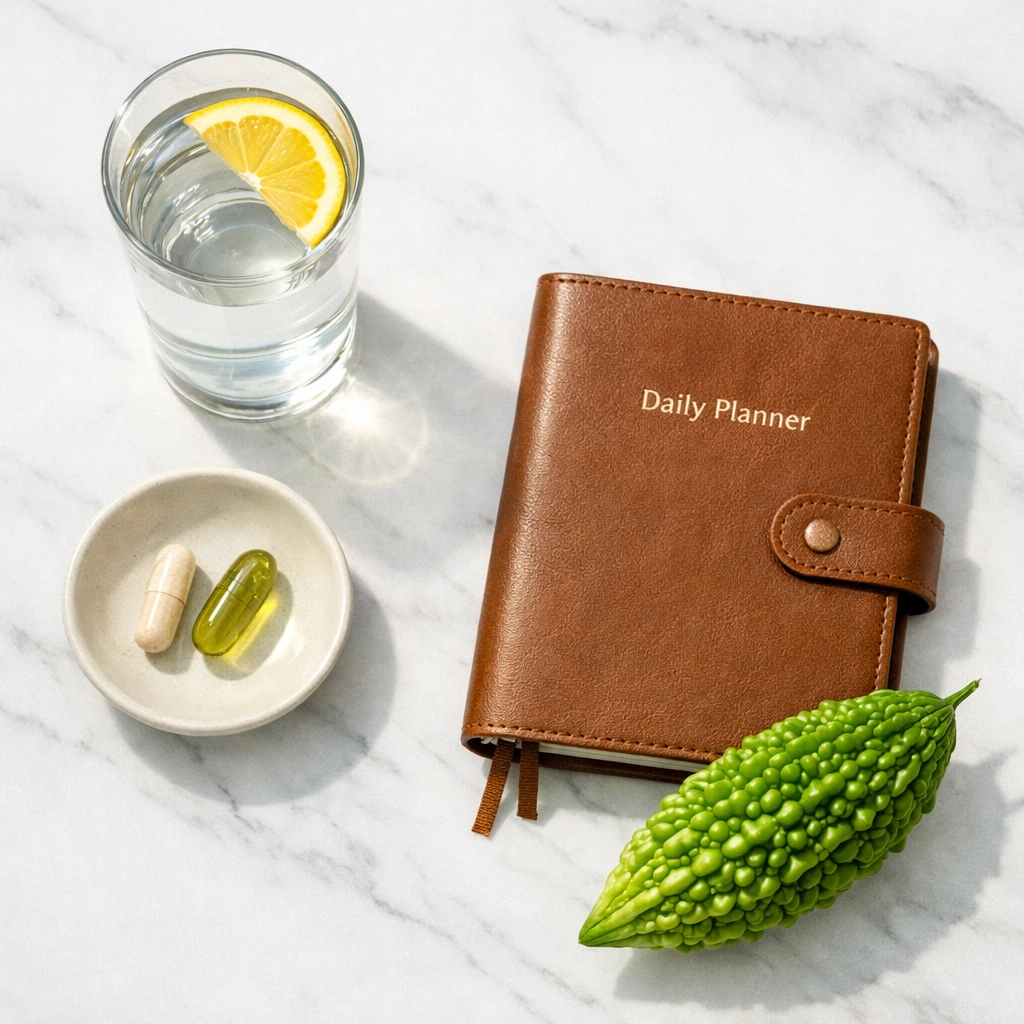 Organized daily wellness routine with bitter melon complex capsules, fresh fruit, and healthy habits.