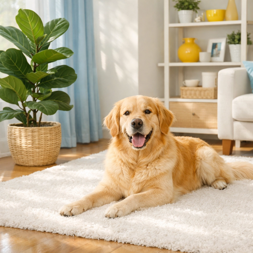 Happy dog on a clean rug showcasing safe green cleaning services Lowell MA for pet-friendly homes.