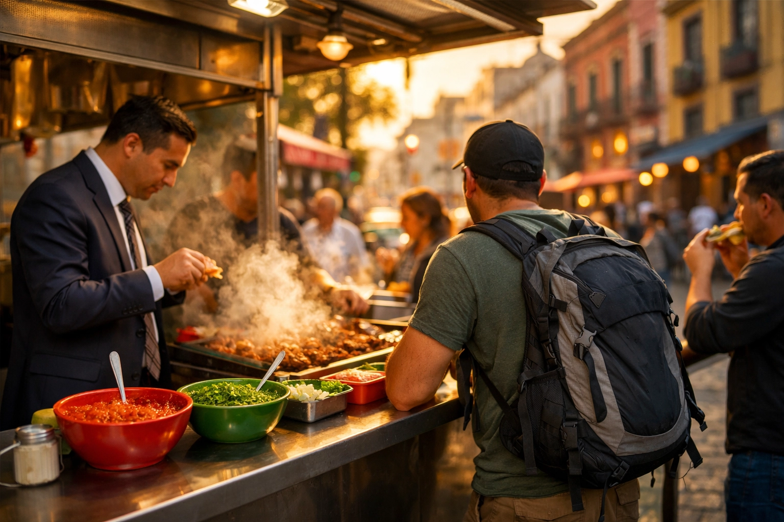 Juárez, Mexico City street taco stand at sunset, perfect budget travel food stop