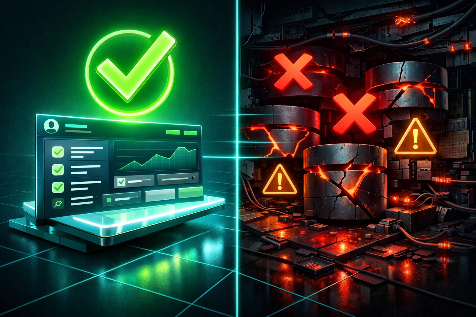 Split view showing passing UI frontend tests while backend database errors remain undetected
