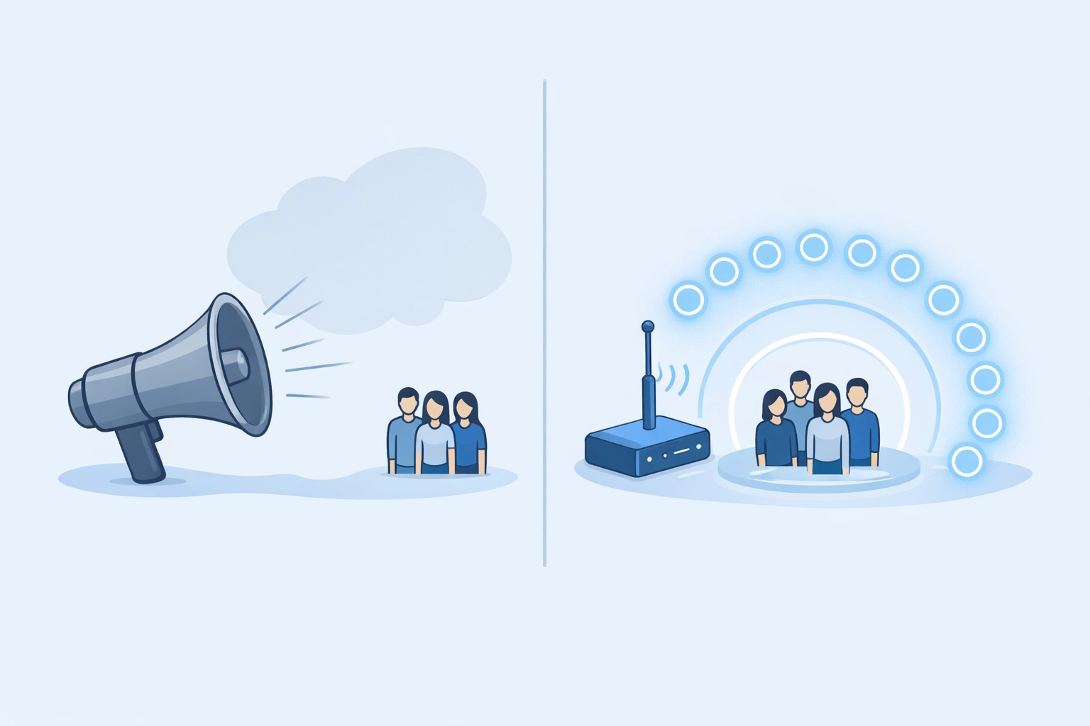 Illustration comparing inefficient broadcast ads to precise, high-frequency digital campaign messaging.