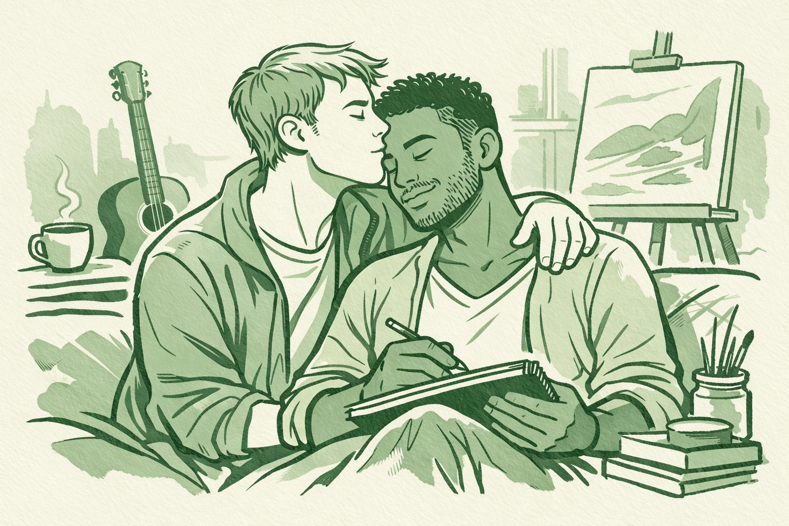 A classic Hollywood villa at dusk. An older man with silver-streaked hair and a younger man with glasses are sitting on a terrace, scripts scattered on a table between them. They are deep in conversation, the younger man gesturing with passion while the older man watches him with a mixture of amusement and newfound inspiration. The warm glow of the setting sun creates a soft, nostalgic atmosphere.