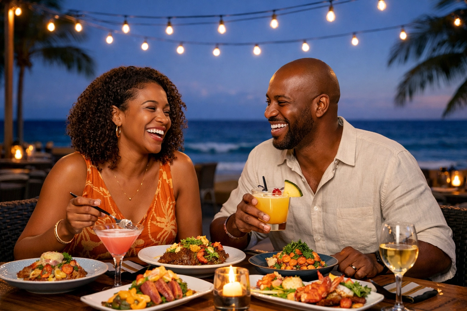 Black couple dining at an all inclusive beach resort, illustrating luxury vacation packages without hidden costs.
