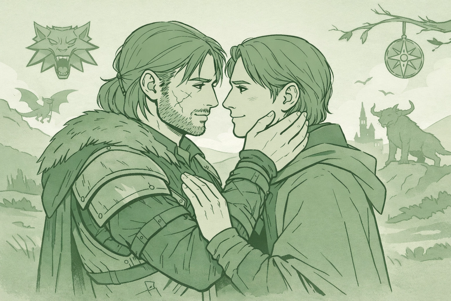 Two men embracing in witcher fantasy setting - MM romance gay fantasy book cover