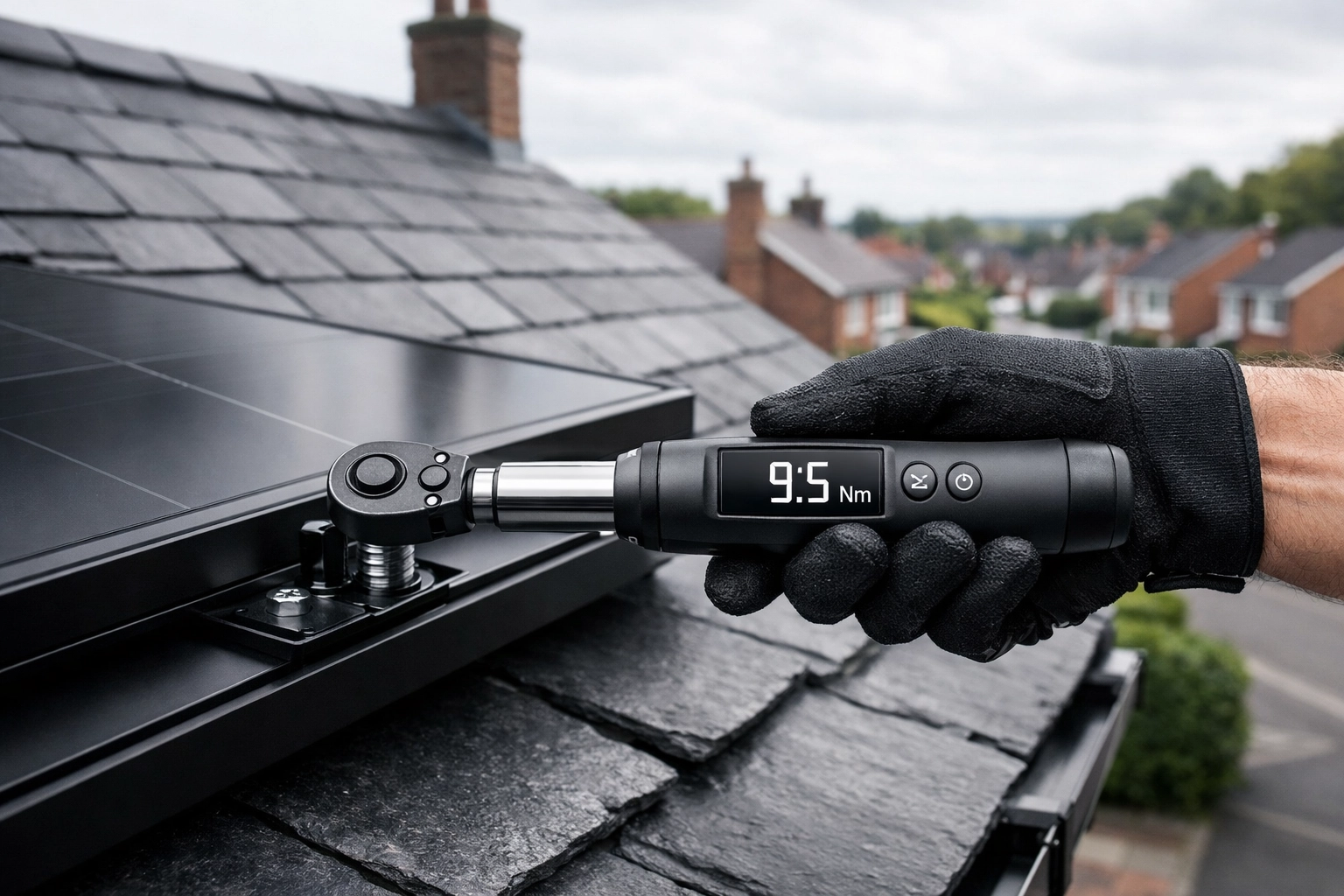 MCS-certified solar installer securing a black solar panel on a grey slate UK roof.