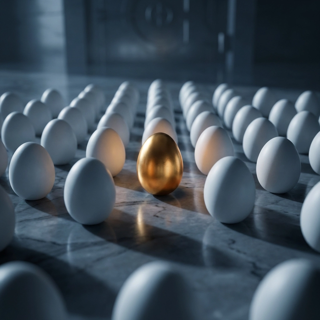 A single golden egg highlights concentrated risk among plain eggs, symbolizing portfolio diversification mistakes.