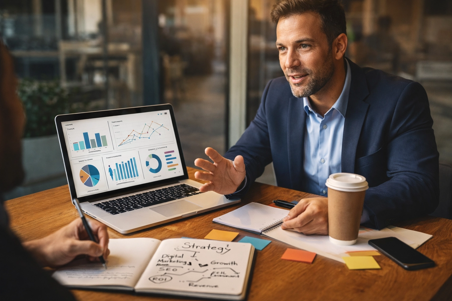 Business owner and marketing consultant planning digital strategy in a modern office