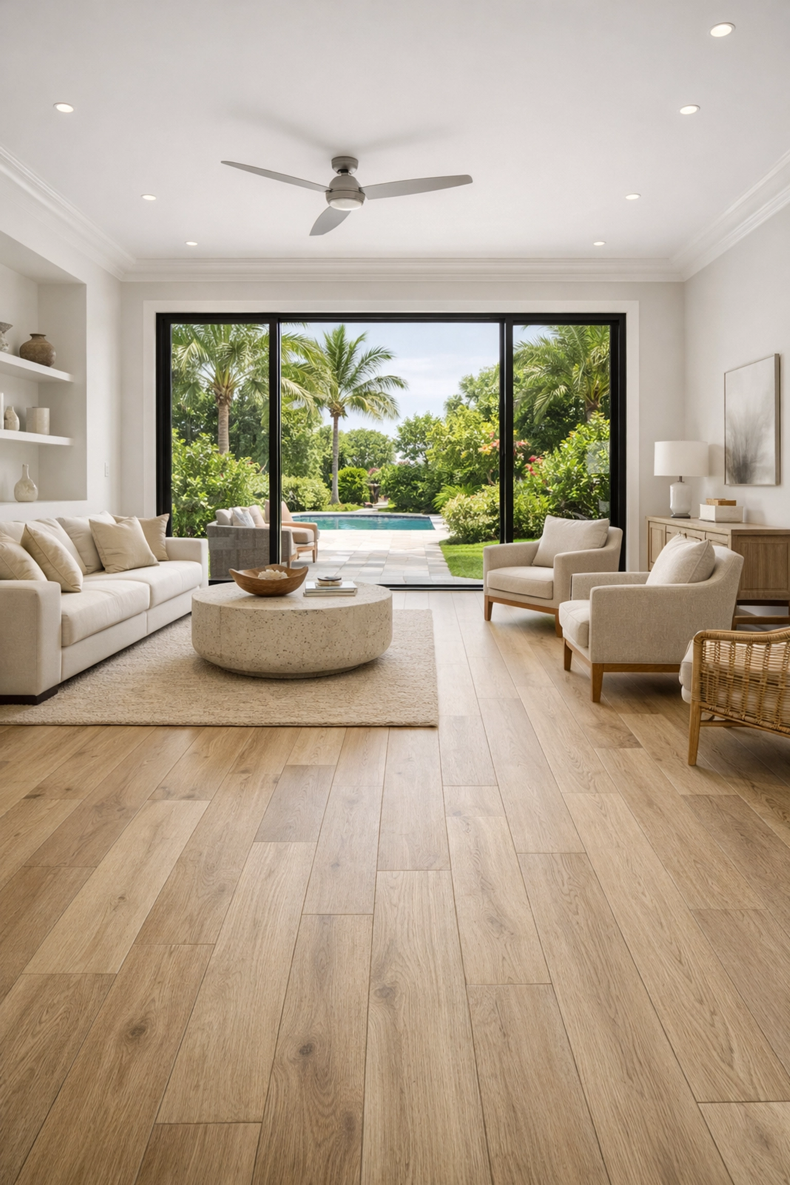 Beautiful wide-plank oak LVP flooring installed in a modern open-concept living space in Central Florida.