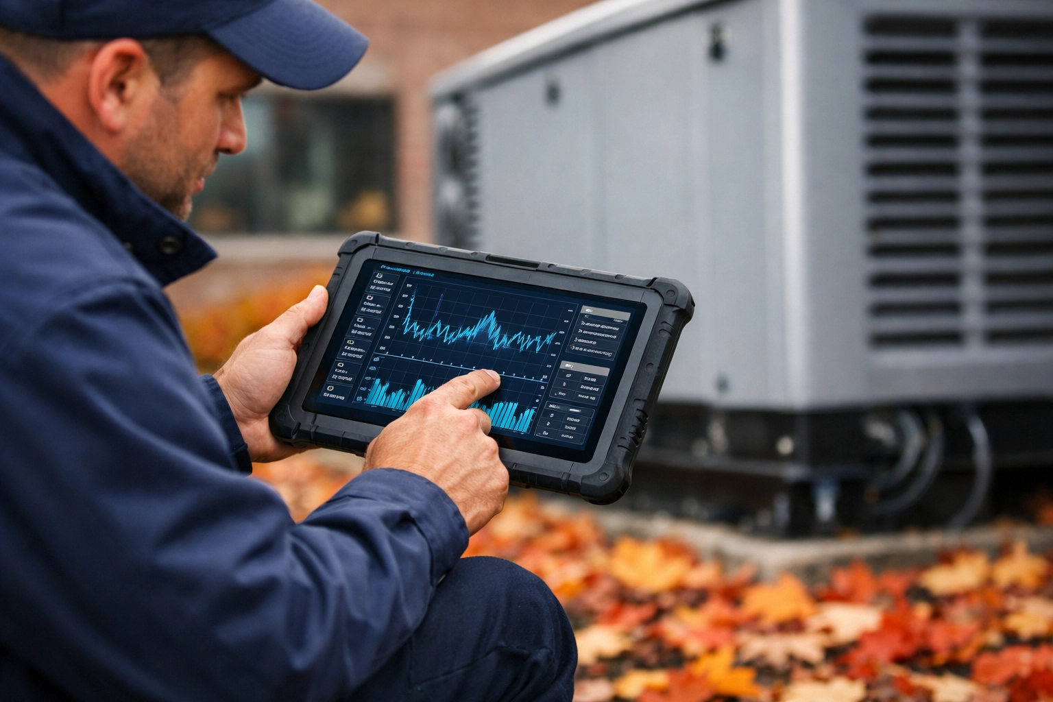 Technician using a tablet for remote diagnostics and maintenance on a commercial generator.