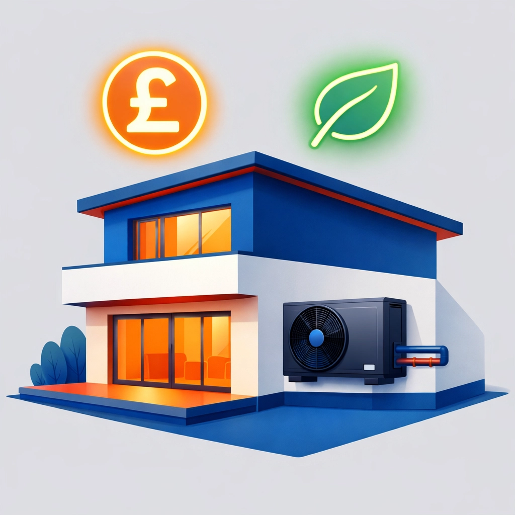 Modern air source heat pump installation illustration showing financial savings and sustainable home heating.