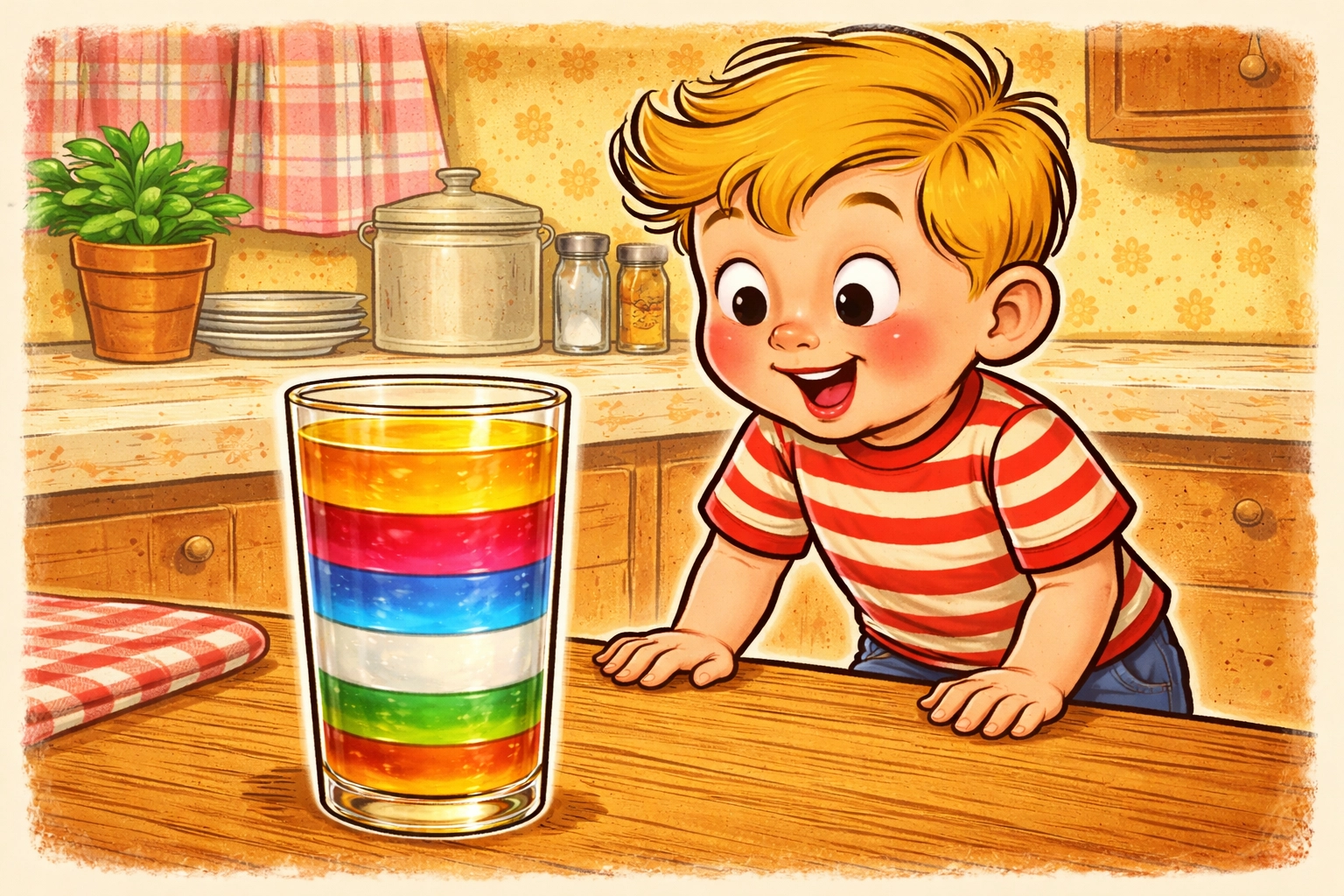 Child amazed by colorful layered liquids in a clear glass for a kids' density science experiment in a cozy retro kitchen.