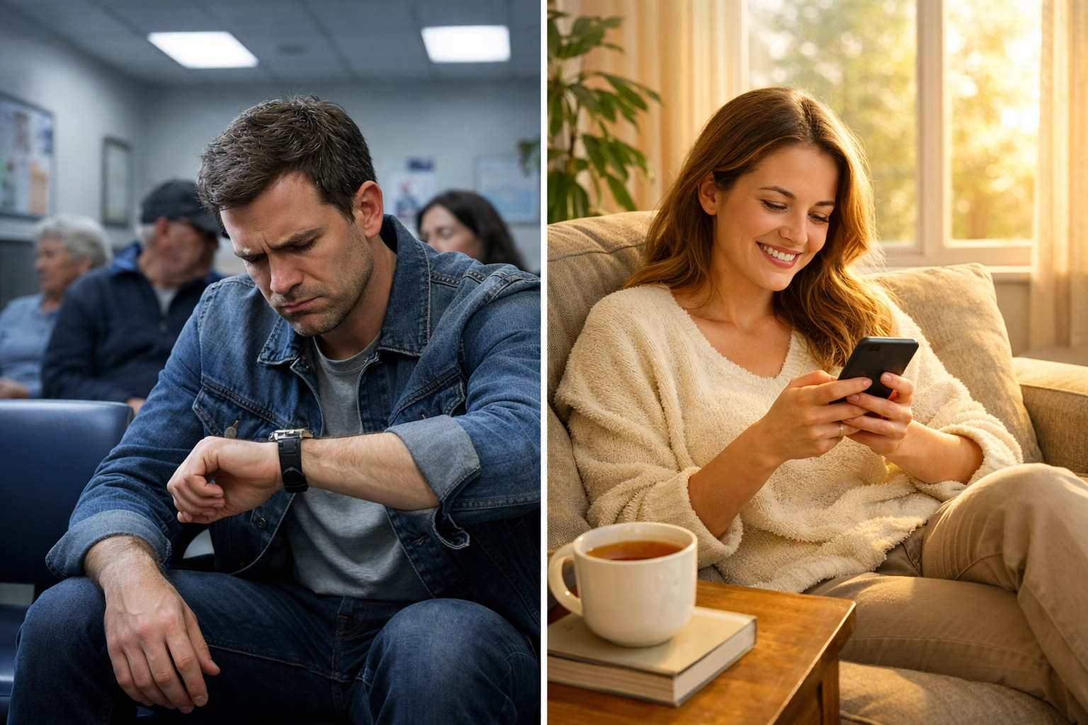 Traditional doctor waiting room versus convenient at-home telehealth weight loss consultation