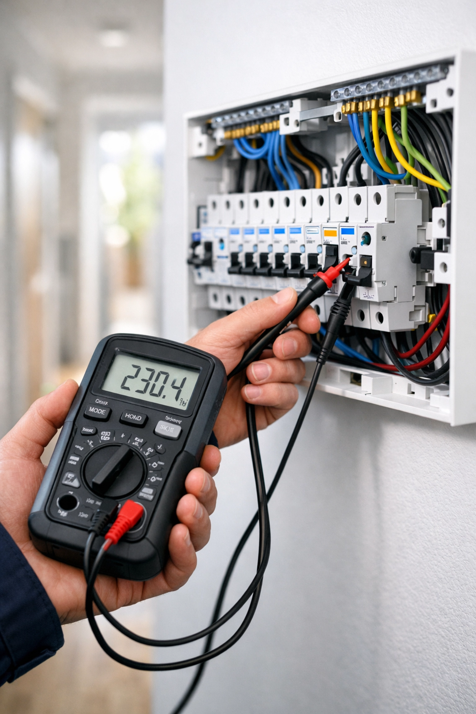 A qualified electrician Dorset performing an EICR safety test on a modern residential consumer unit.