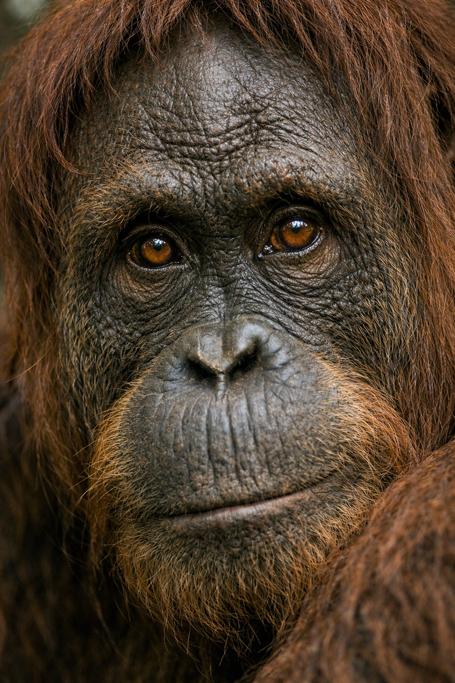 Close-up of a Sumatran Orangutan’s expressive face representing sustainable wildlife stock photography.