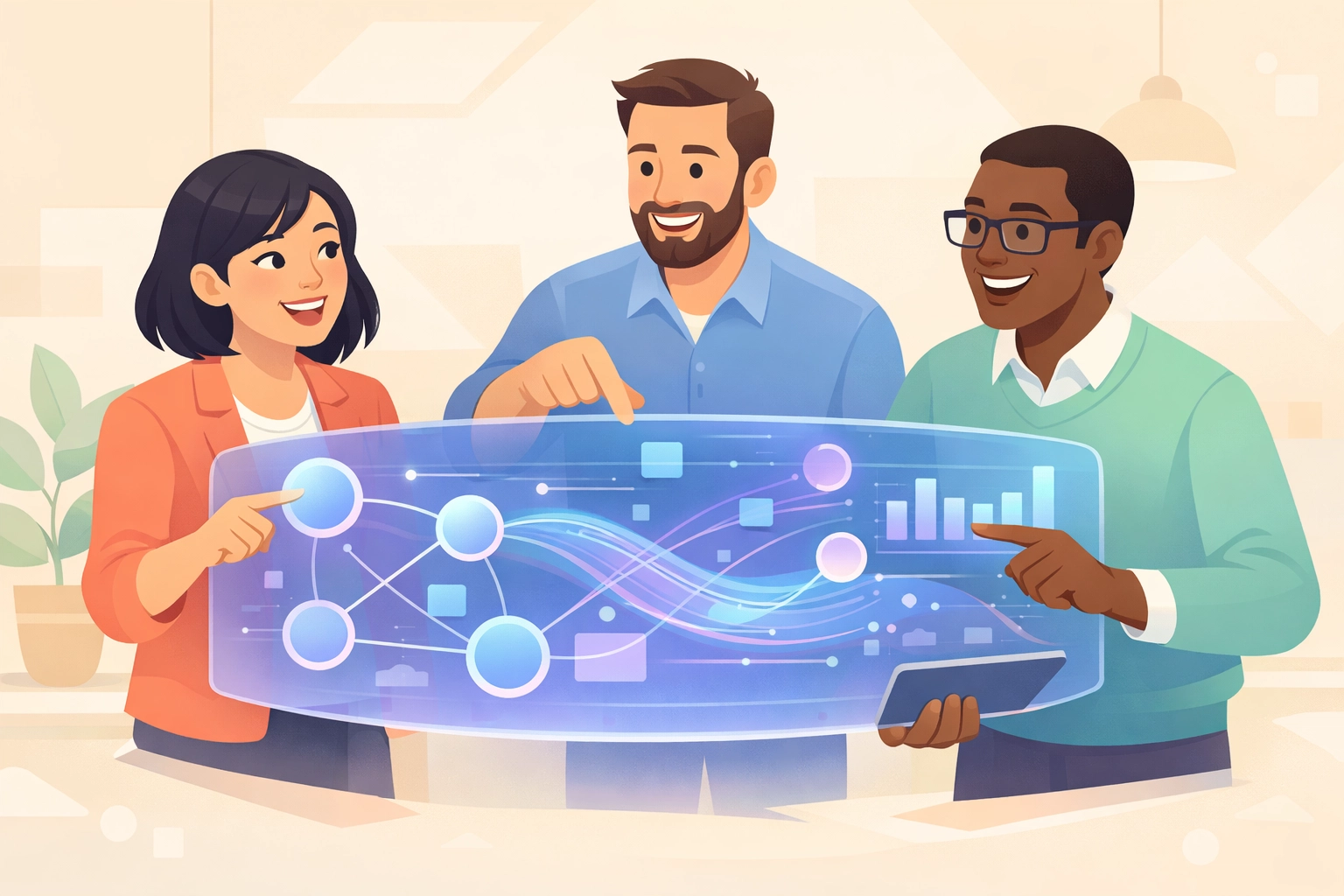 Business team collaborating with unified dashboard showing real-time HR, CRM, and project data