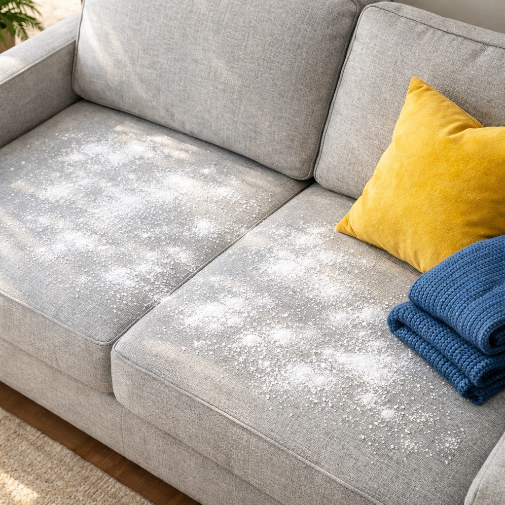 Baking soda sprinkled on a fabric couch to naturally neutralize deep-set pet odors.