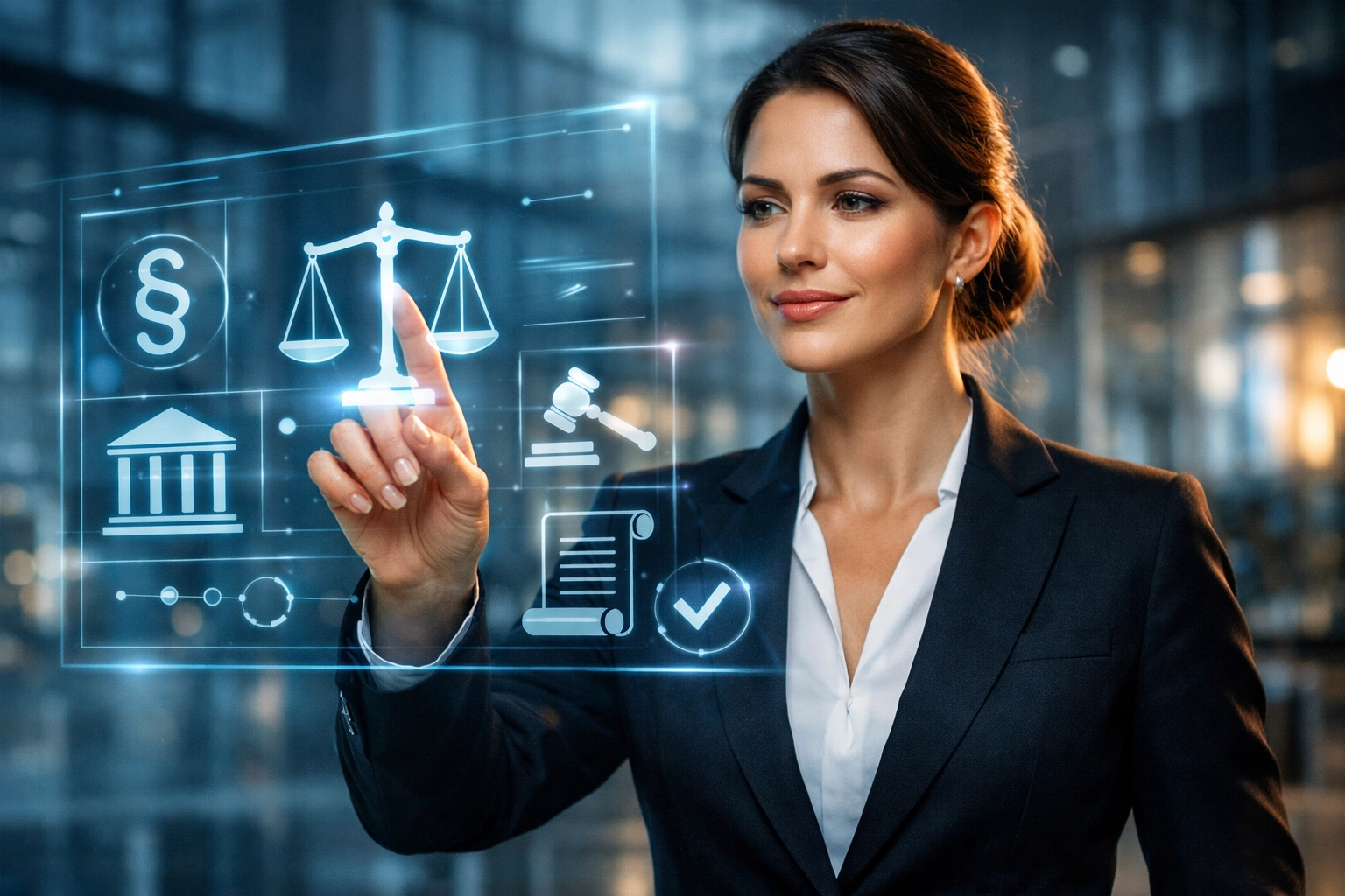 Moderne Juristin steuert KI in der Rechtsabteilung über ein digitales Interface.