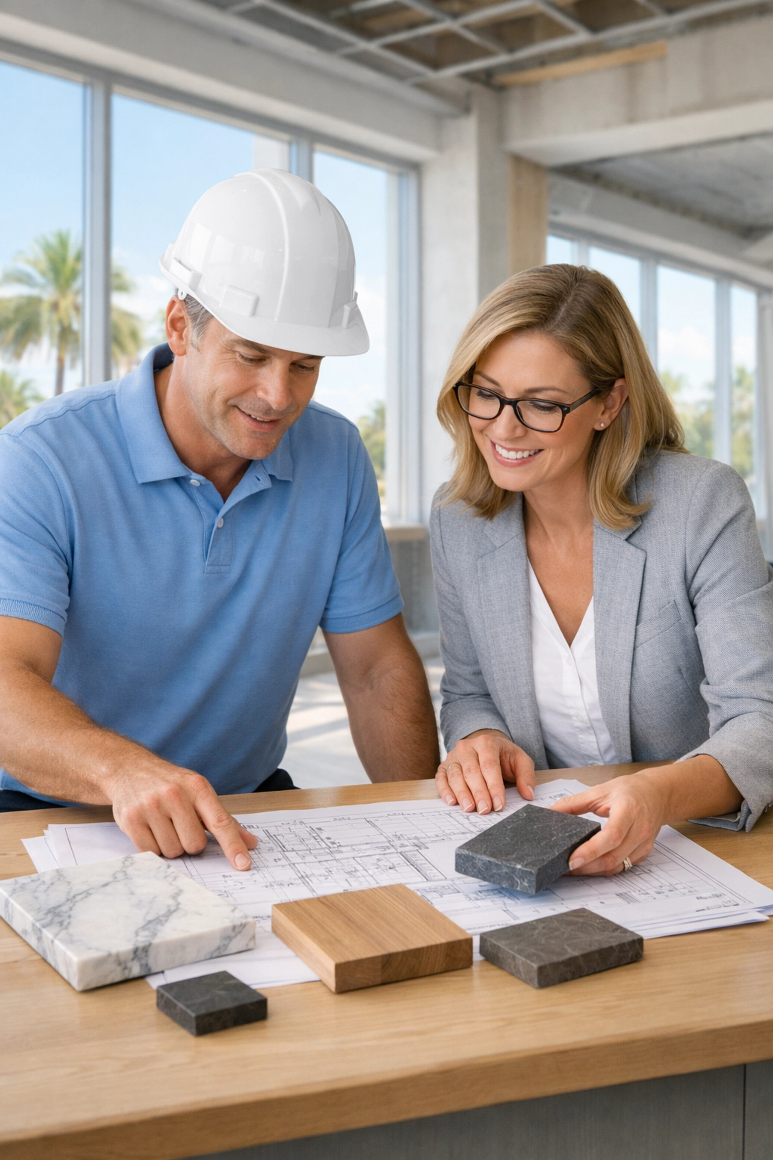 Project manager and architect reviewing blueprints for value engineering construction in South Florida.