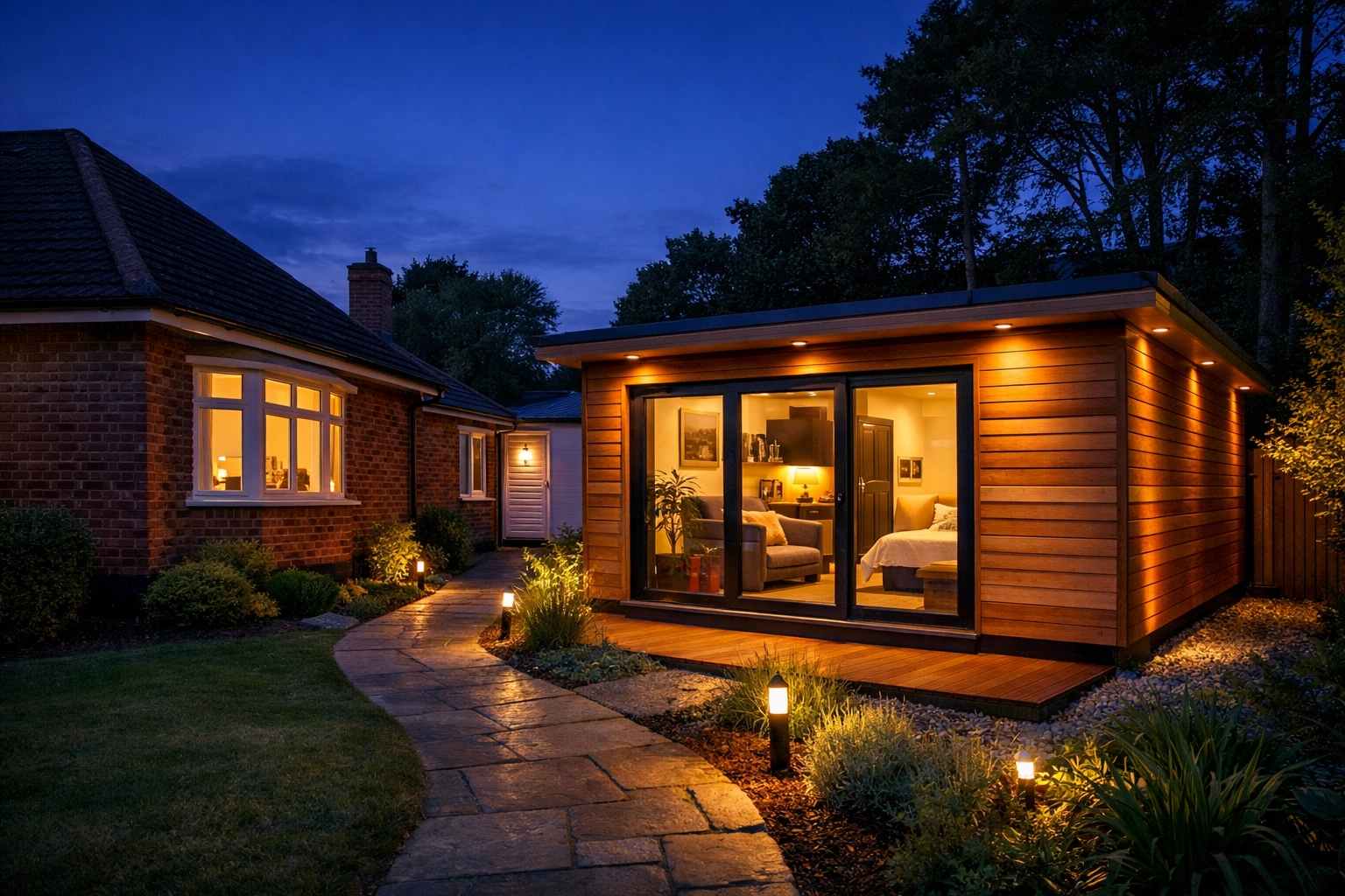 A detached bungalow garage converted into a modern studio annexe with cedar wood cladding in Bournemouth.