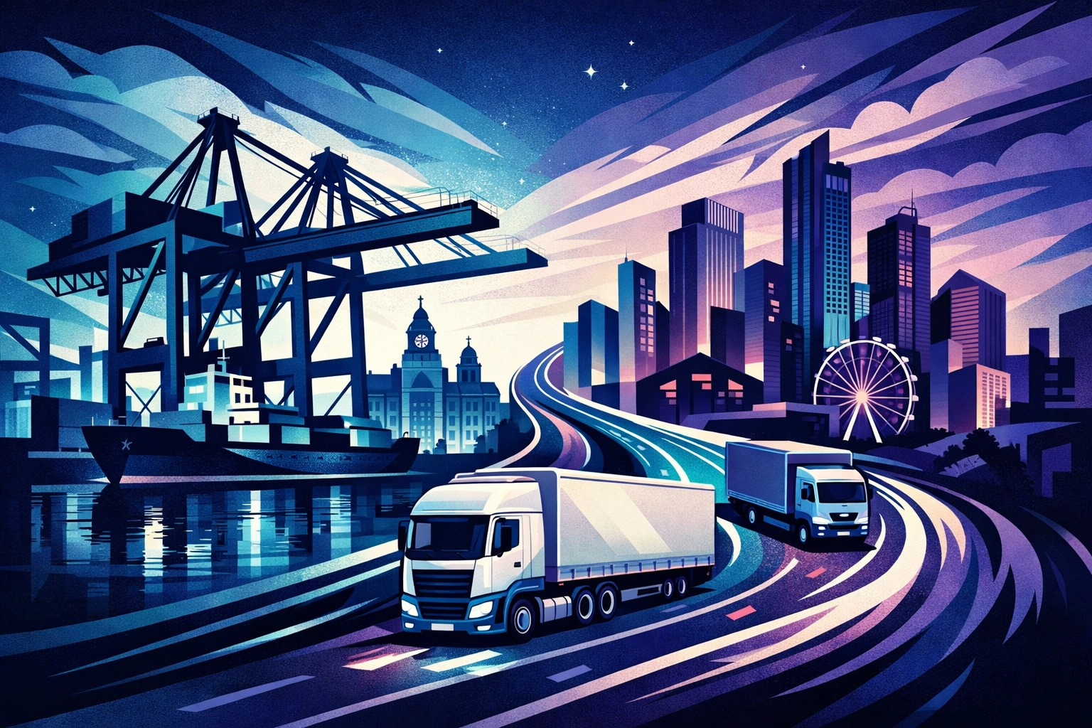 Illustration of Liverpool docks and Manchester skyline representing the North West Class 1 driver job market.