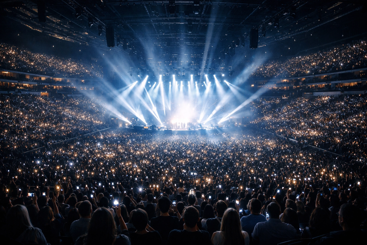 A massive sold-out concert arena representing the successful scale of a pro music marketing plan.