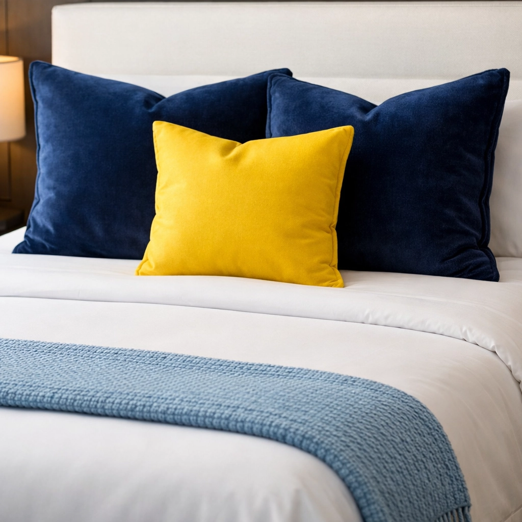 Neatly made bed with crisp white linens and navy pillows in a professionally maintained bedroom.