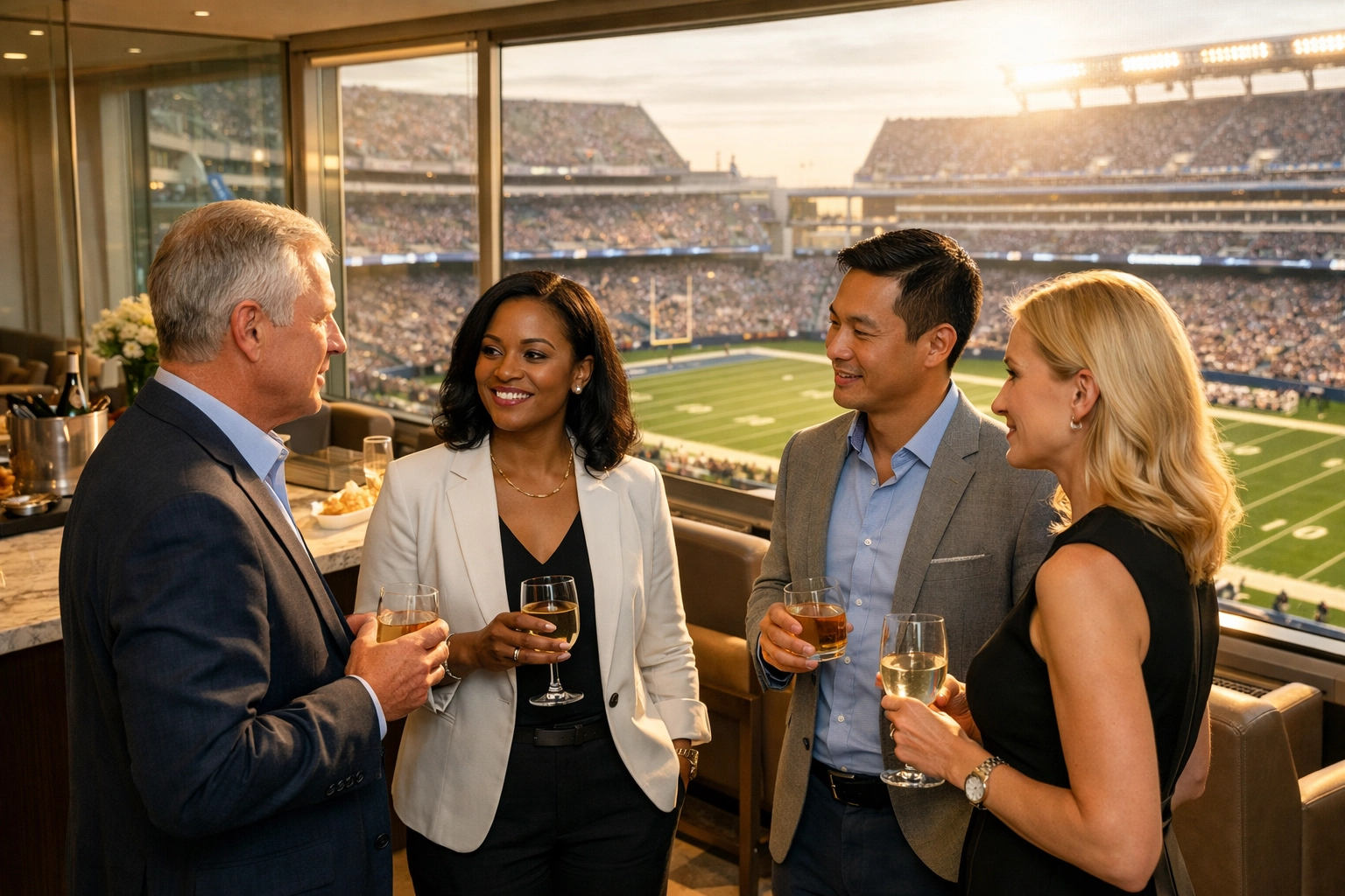Executives networking in a luxury hospitality suite overlooking a Super Bowl stadium field.