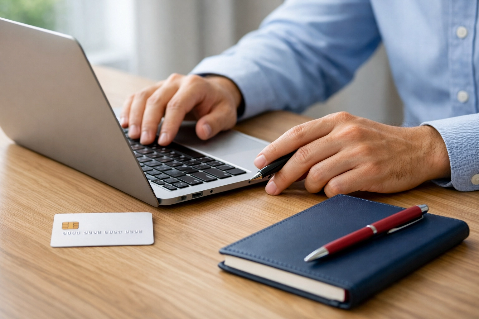 Close-up of hands managing credit cards and utilization on a laptop for credit score improvement.