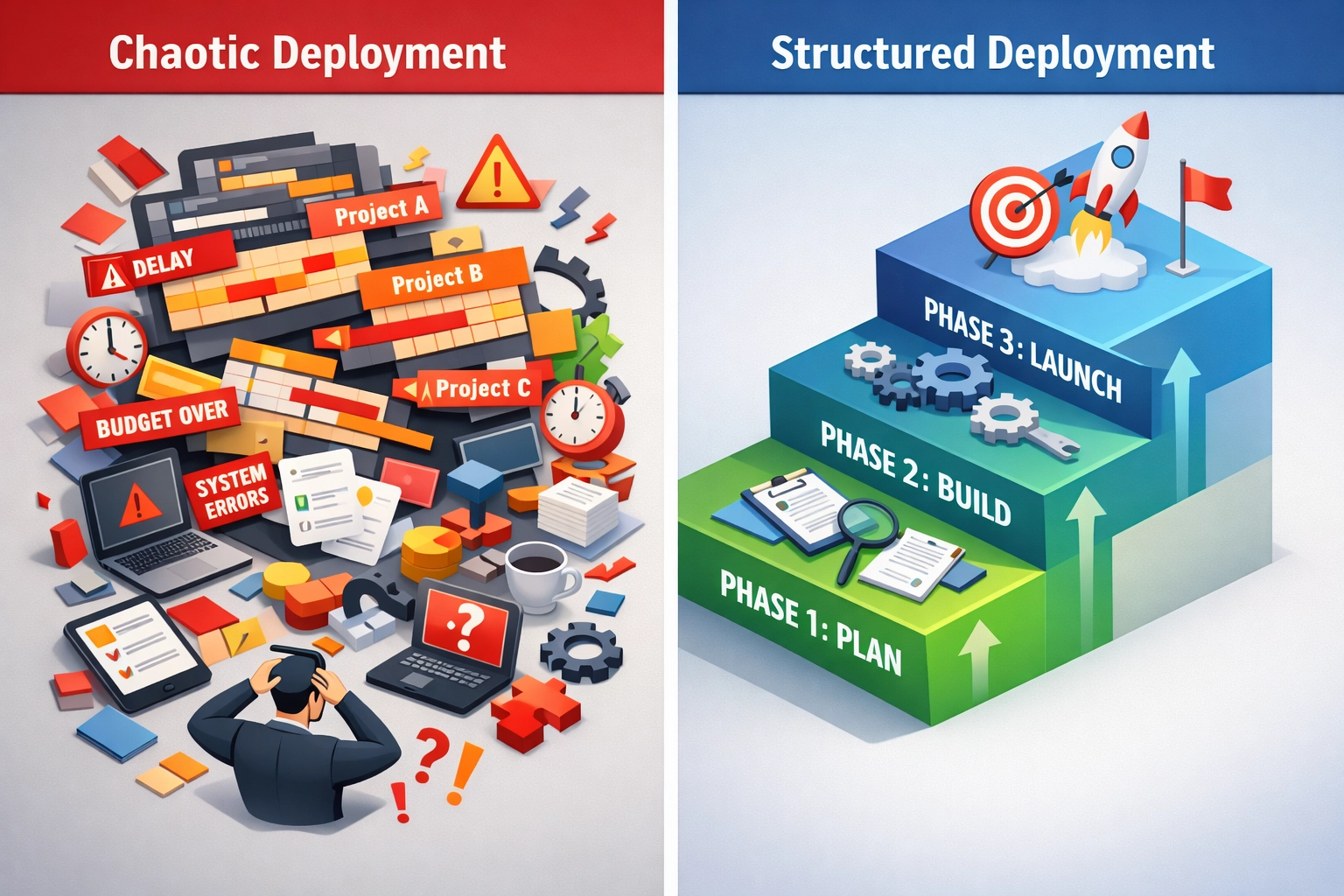 Phased ServiceNow ITOM deployment strategy versus simultaneous all-at-once implementation approach