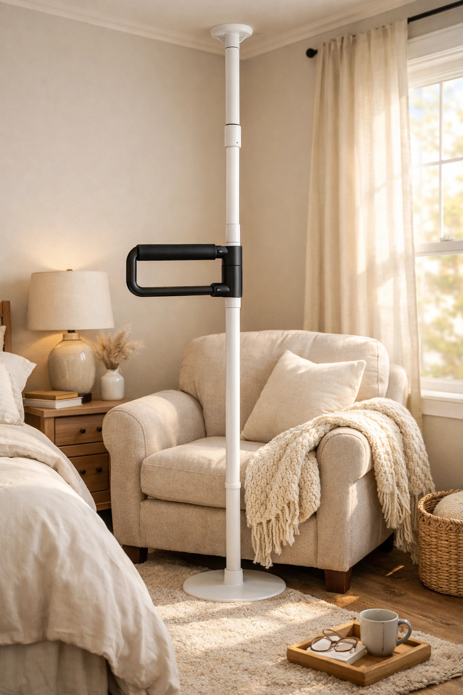 A bedroom transfer pole placed next to a chair to assist with safe sitting and standing.