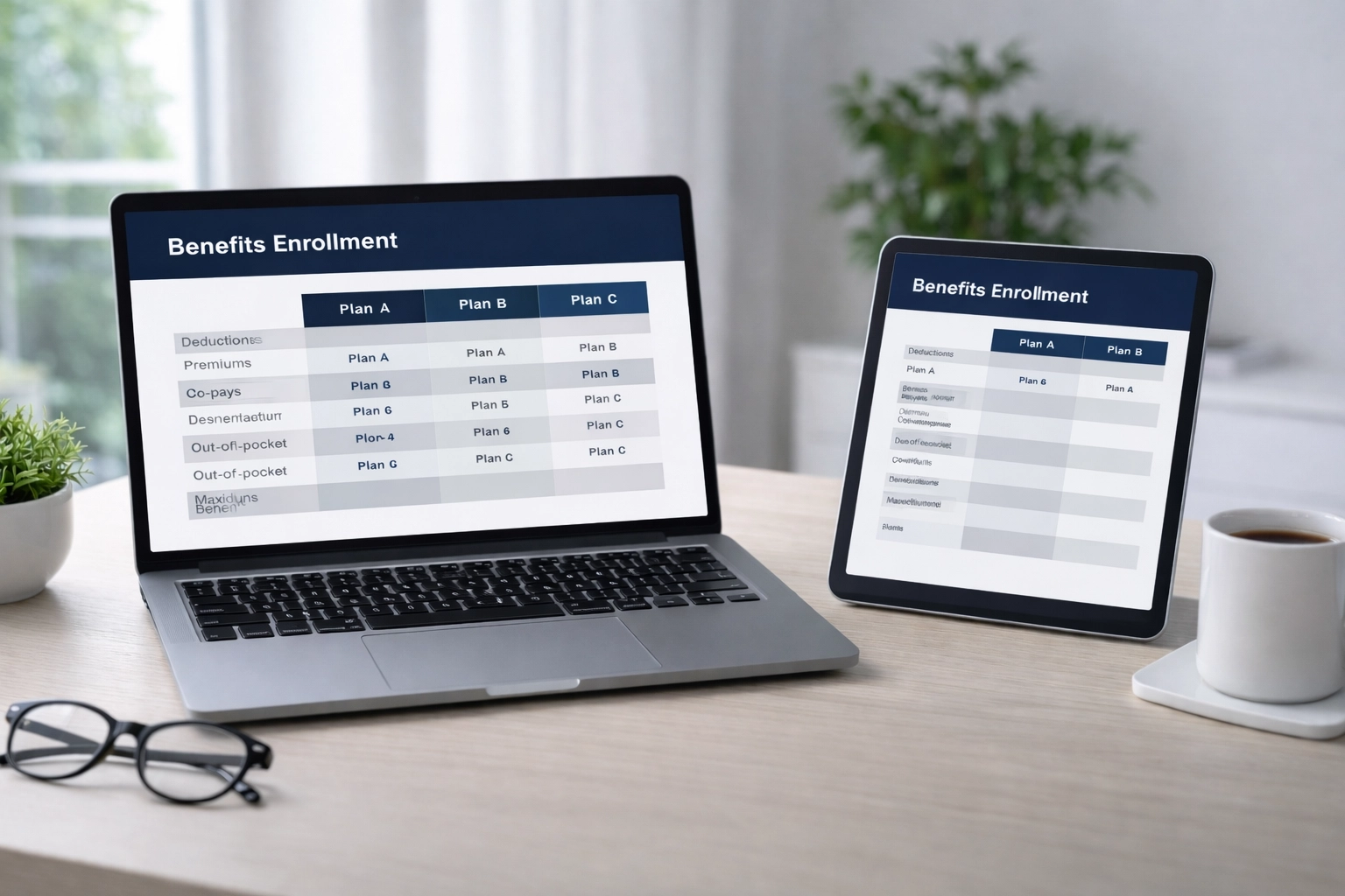 Laptop displaying benefits enrollment solutions for school districts with plan comparisons