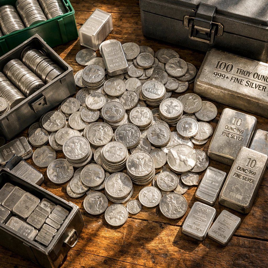 Physical silver coins and bars with storage containers for precious metal investment
