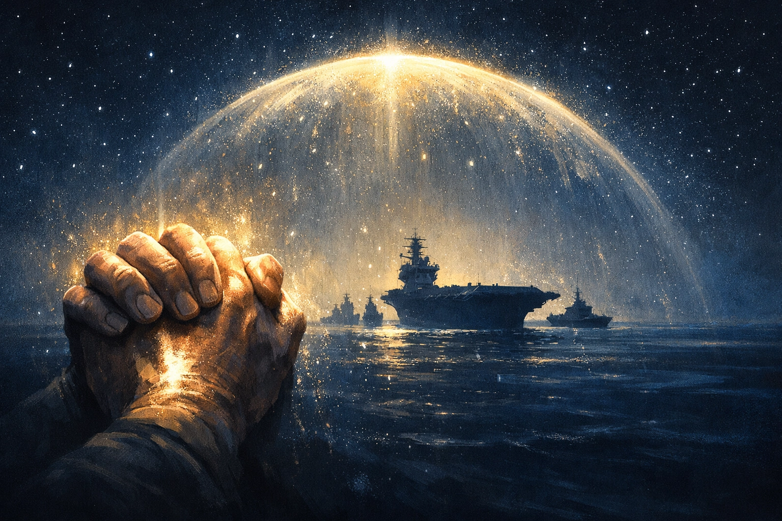 Clasped hands in prayer creating a glowing spiritual shield over a military fleet at night.