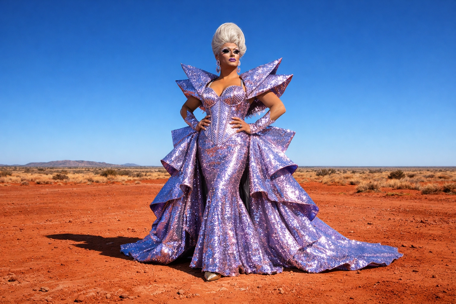 A drag performer in lavender sequins in the Australian Outback, embodying the spirit of Priscilla and queer pride.